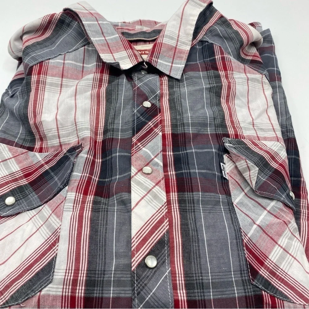 Levis Red Tab Mens Plaid Red Grey Button Pearl Snap Plaid Western Long Sleeve 3X